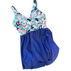 Talbots Paisley Blocked Blue Sone Piece Modest Sarong Wrap Swimsuit Dress Size S